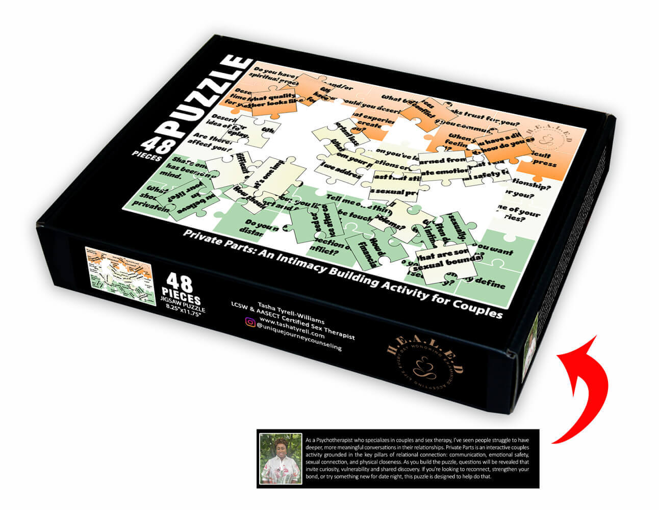 Box of a 48-piece jigsaw puzzle titled 'Private Parts: An Intimacy Building Activity for Couples' with puzzle pieces showing questions about relationships and intimacy.