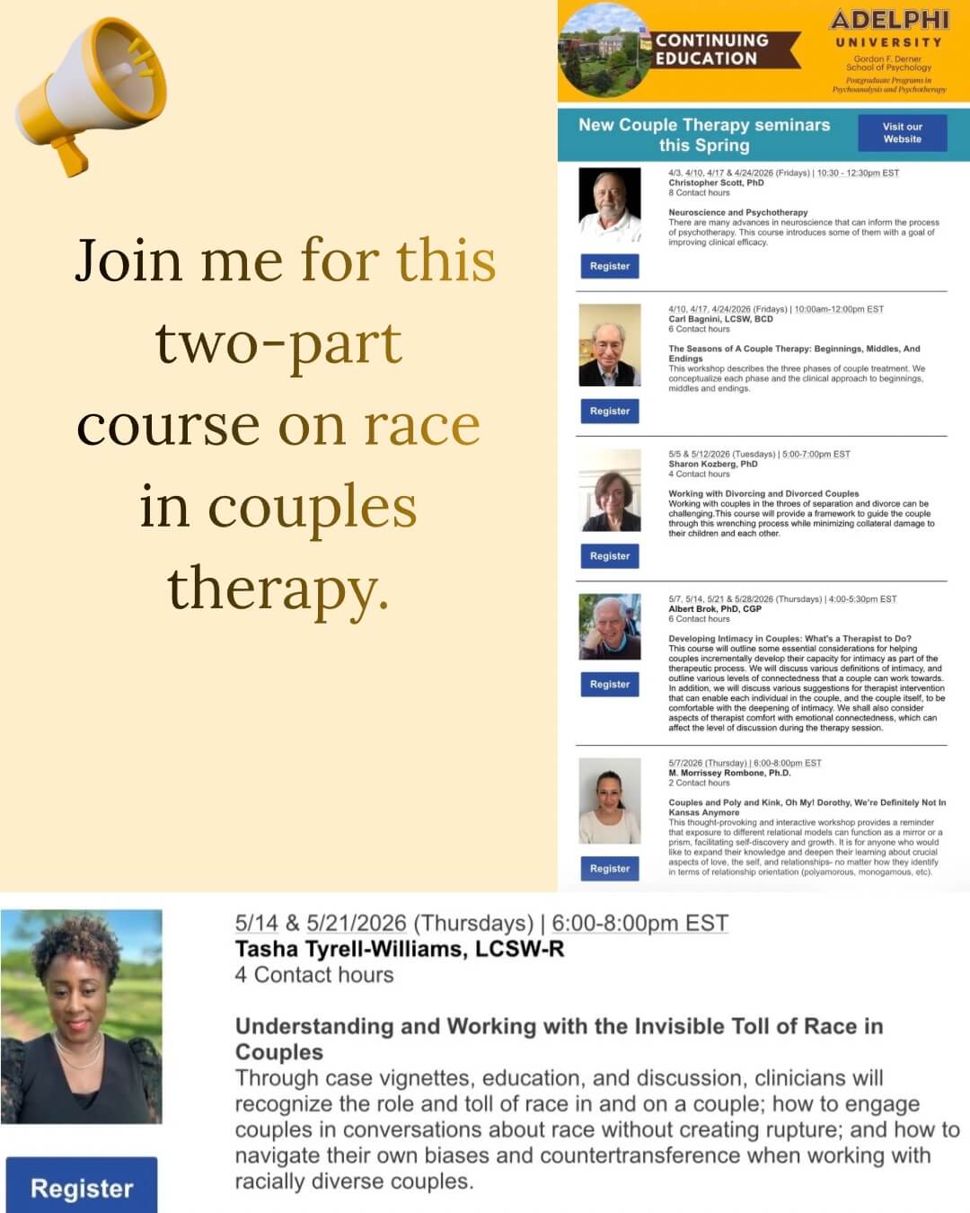 Adelphi University Continuing Education promotion showing a two-part course on race in couples therapy with instructor Tasha Tyrell-Williams and other upcoming couple therapy seminars.