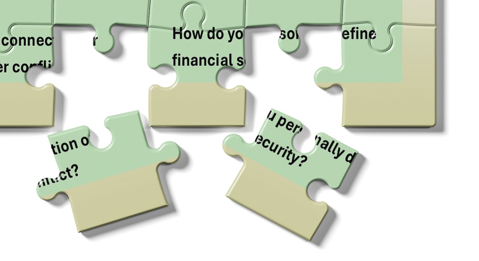 Close-up of a partially assembled puzzle with green and beige pieces showing fragmented text about financial security and conflict.