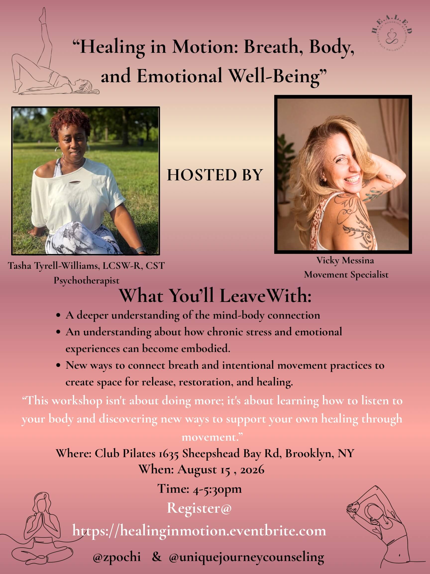 Flyer promoting a healing workshop on breath, movement, and emotional well-being featuring two hosts, event details, and registration information.