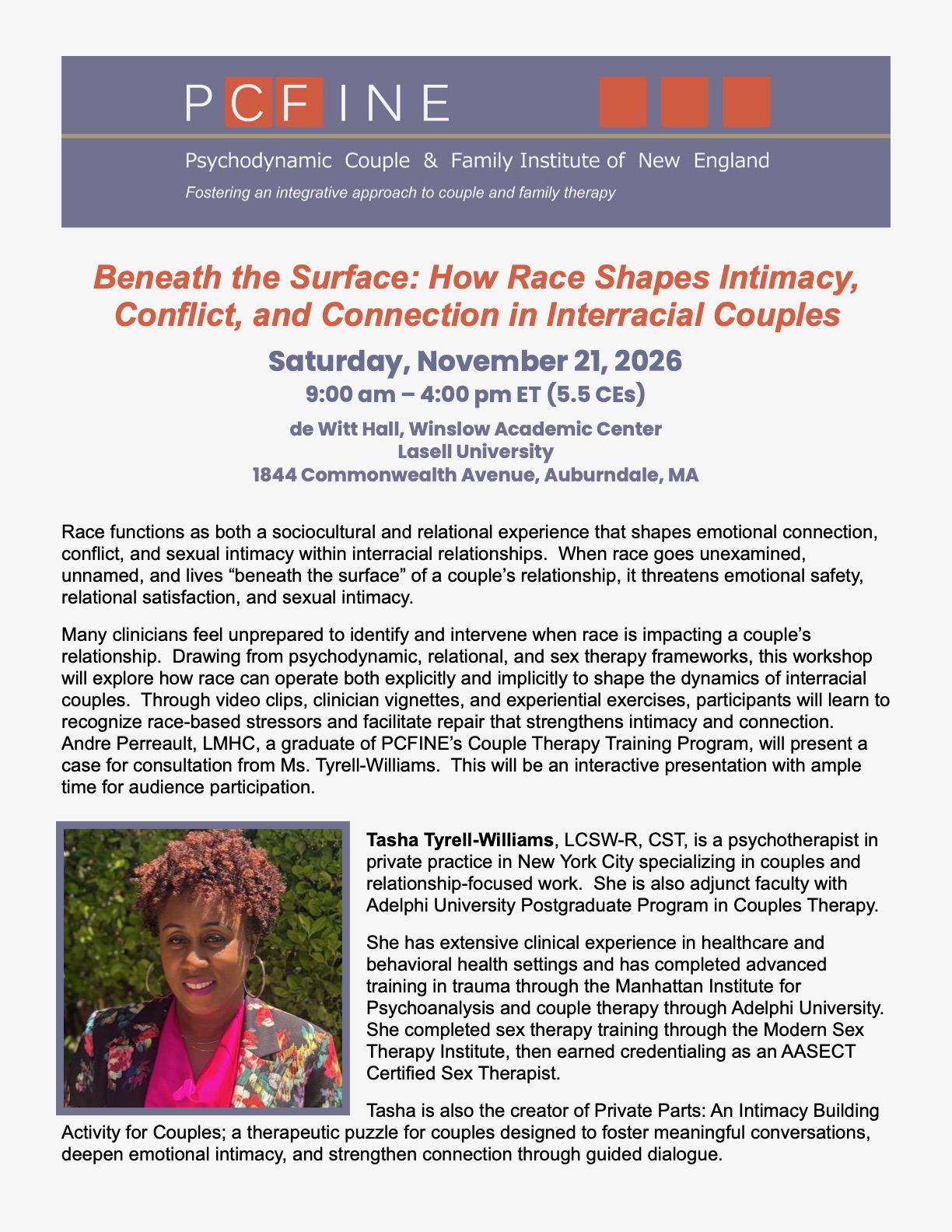 Event flyer for a workshop titled 'Beneath the Surface: How Race Shapes Intimacy, Conflict, and Connection in Interracial Couples' held Saturday, November 21, 2026, from 9 am to 4 pm ET at de Witt Hall, Lasell University. The flyer explains the workshop's focus on race's impact on emotional connection and intimacy in interracial couples through psychodynamic and relational therapy approaches. It features a photo of Tasha Tyrell-Williams, a psychotherapist specializing in couples therapy, highlighting her credentials and her creation of 'Private Parts: An Intimacy Building Activity for Couples.'